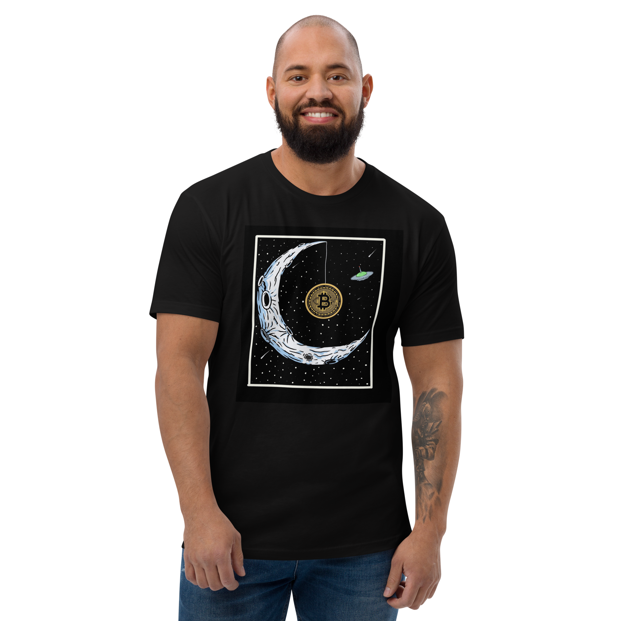 Bitcoin to the Moon T-Shirt - Iconic Design, Premium Quality for BTC Enthusiasts, Moon-Hanging BTC Tee - Celestial Crypto Design, Premium Cotton, Unisex, Bitcoin on the Moon  T-shirt