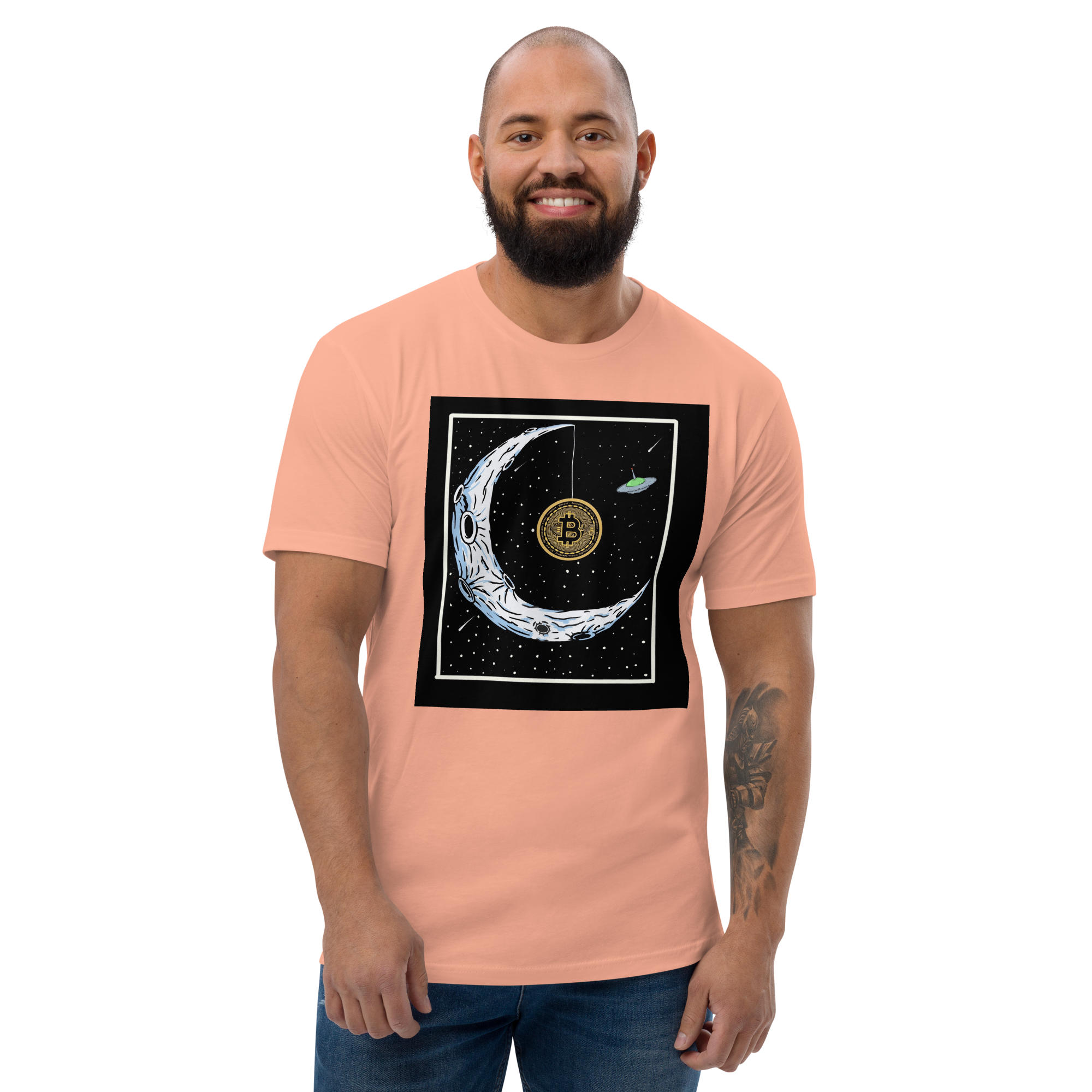 Bitcoin to the Moon T-Shirt - Iconic Design, Premium Quality for BTC Enthusiasts, Moon-Hanging BTC Tee - Celestial Crypto Design, Premium Cotton, Unisex, Bitcoin on the Moon  T-shirt