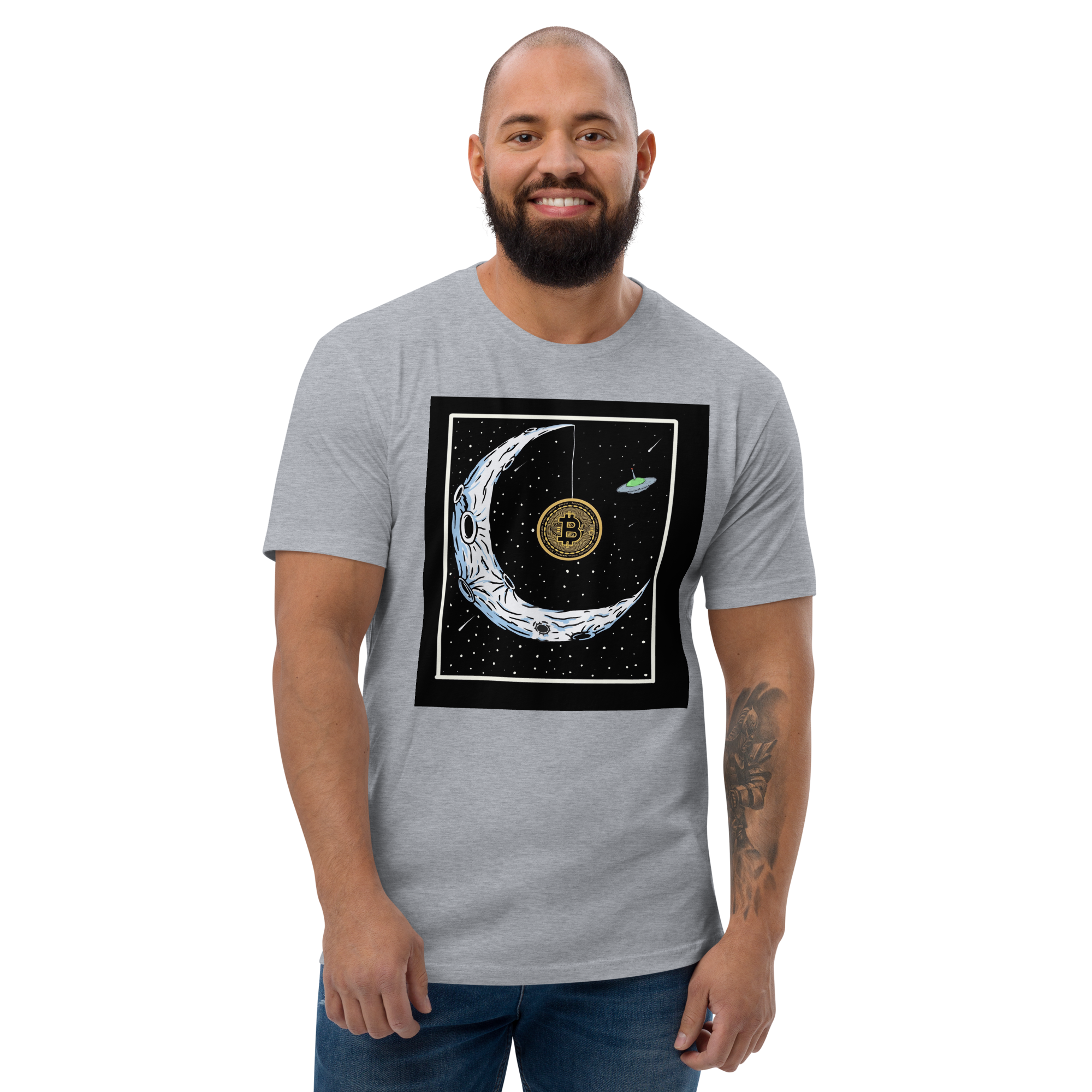 Bitcoin to the Moon T-Shirt - Iconic Design, Premium Quality for BTC Enthusiasts, Moon-Hanging BTC Tee - Celestial Crypto Design, Premium Cotton, Unisex, Bitcoin on the Moon  T-shirt