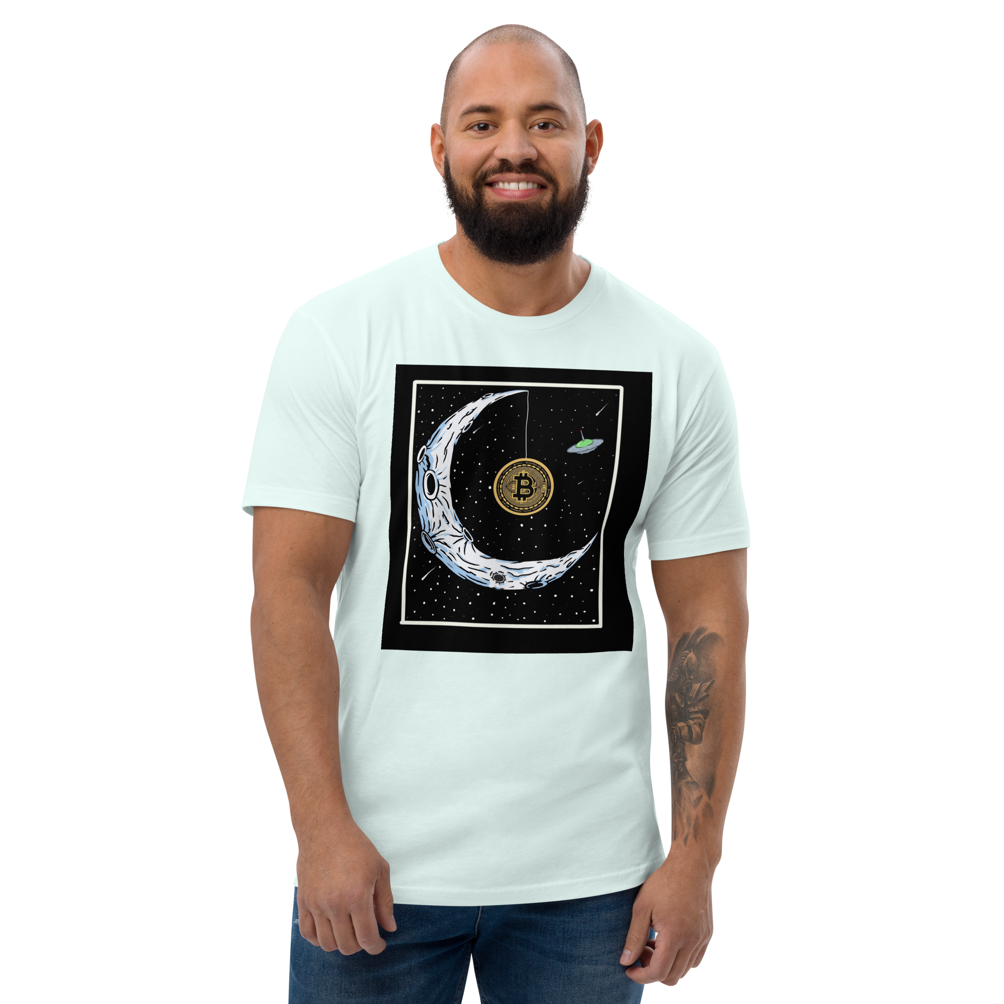 Bitcoin to the Moon T-Shirt - Iconic Design, Premium Quality for BTC Enthusiasts, Moon-Hanging BTC Tee - Celestial Crypto Design, Premium Cotton, Unisex, Bitcoin on the Moon  T-shirt