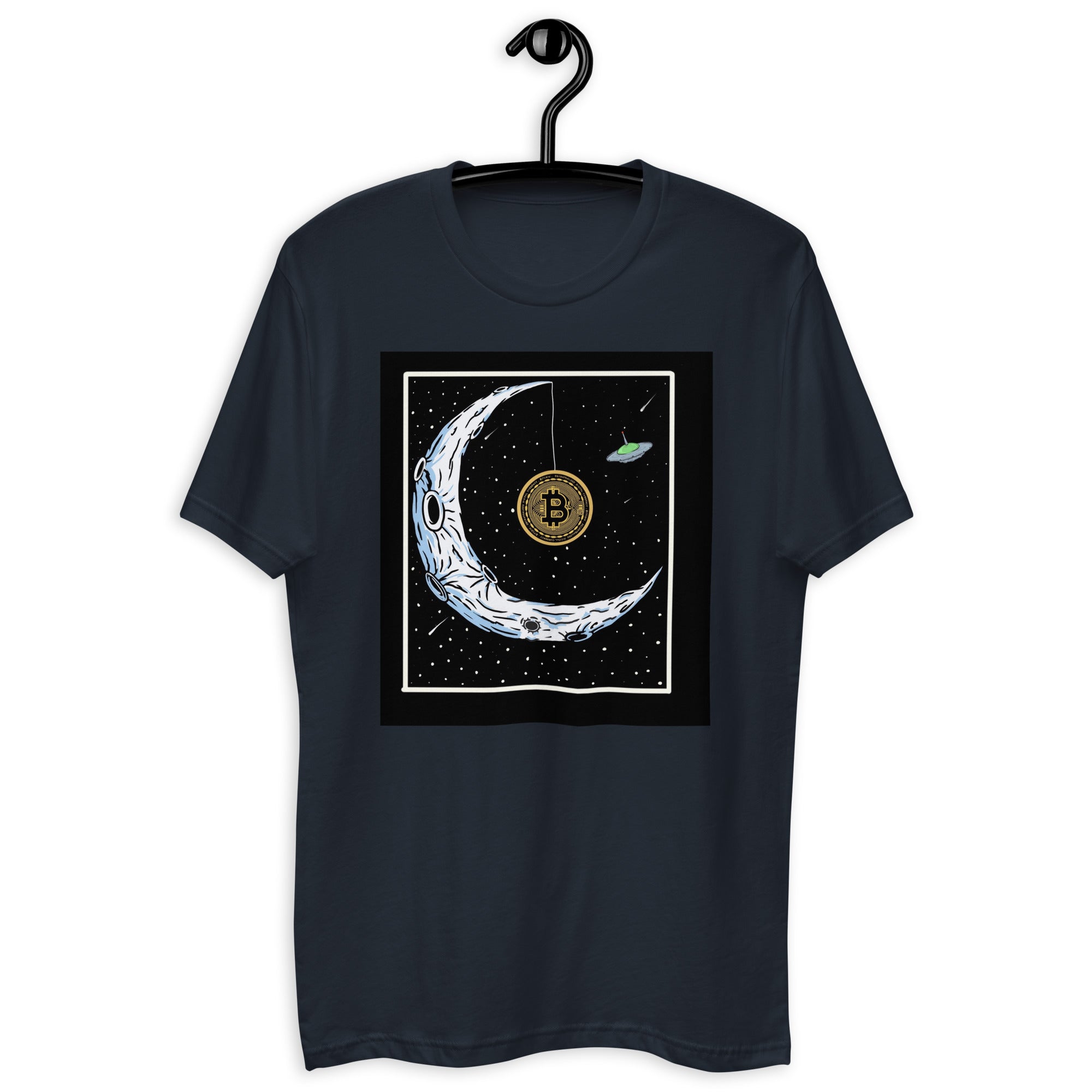 Bitcoin to the Moon T-Shirt - Iconic Design, Premium Quality for BTC Enthusiasts, Moon-Hanging BTC Tee - Celestial Crypto Design, Premium Cotton, Unisex, Bitcoin on the Moon  T-shirt