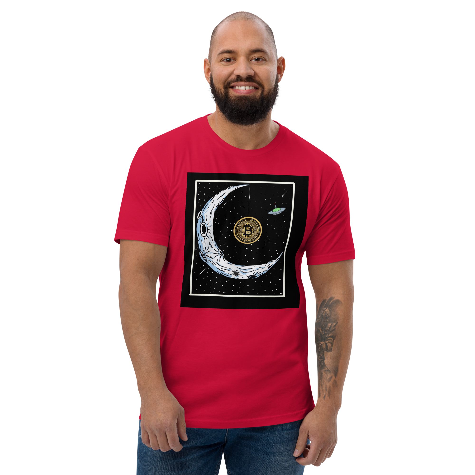 Bitcoin to the Moon T-Shirt - Iconic Design, Premium Quality for BTC Enthusiasts, Moon-Hanging BTC Tee - Celestial Crypto Design, Premium Cotton, Unisex, Bitcoin on the Moon  T-shirt