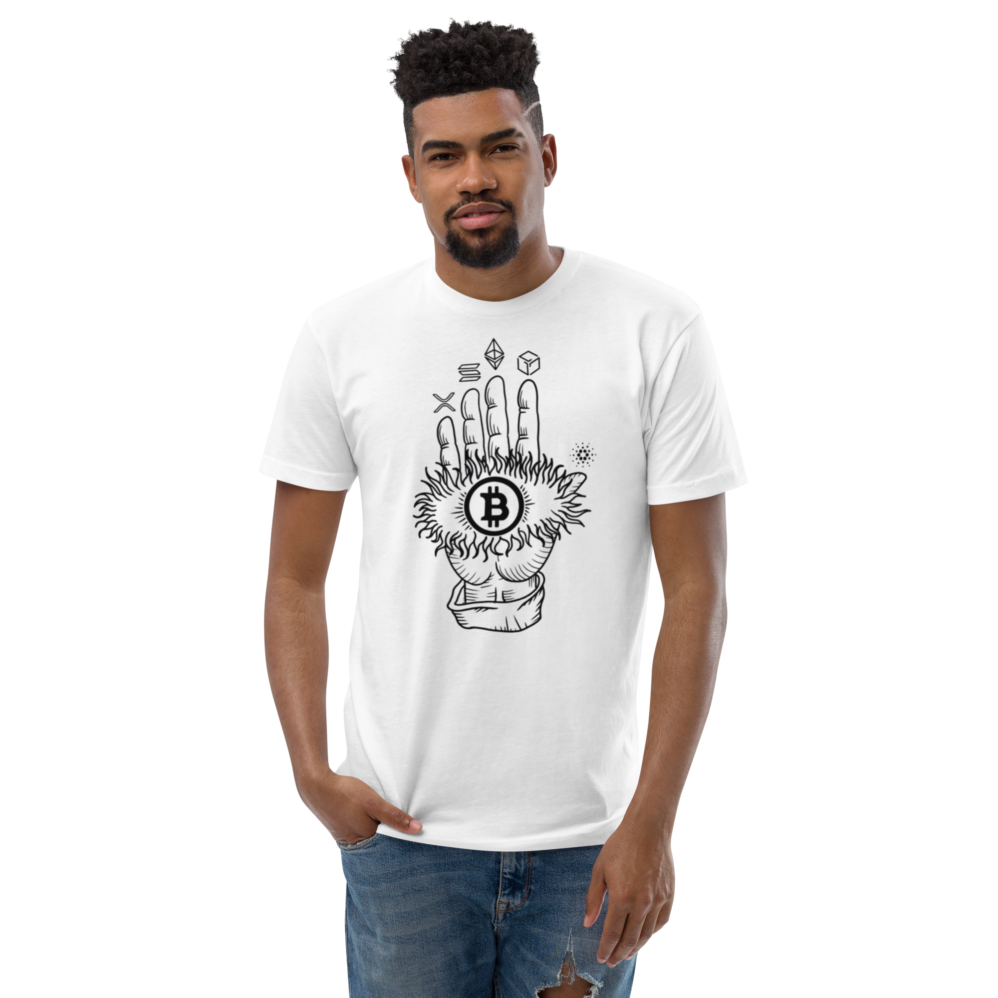 Bitcoin Hamsa T-Shirt - Protective Design, Premium Quality for BTC Fans, Crypto Universe in Hand Tee - Diverse Digital Currency Design, Comfortable Cotton, Unisex, Bitcoin Hamsa T-shirt